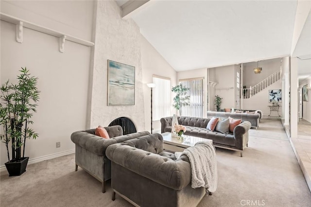 22443 Robin Oaks, Diamond Bar, CA 91765 - living area with light carpet, high vaulted ceiling, beam ceiling, baseboards, and stairway