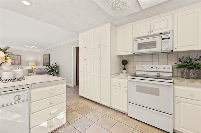 22443 Robin Oaks, Diamond Bar, CA 91765 - kitchen featuring white appliances, tile counters, ornamental molding, light tile patterned floors, and decorative backsplash