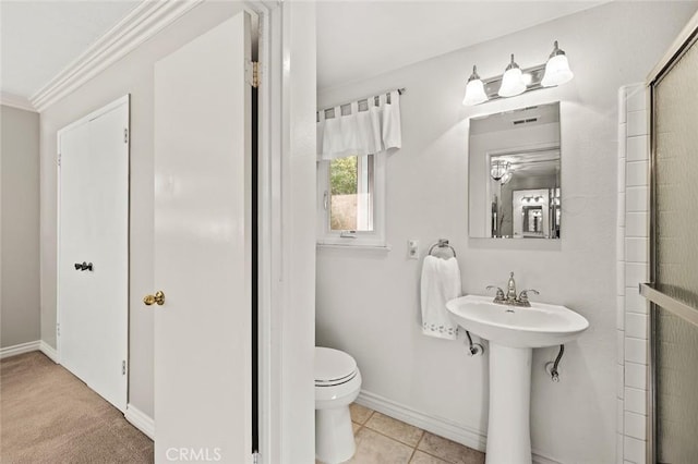 22443 Robin Oaks, Diamond Bar, CA 91765 - bathroom with toilet, crown molding, baseboards, a shower with shower door, and a sink