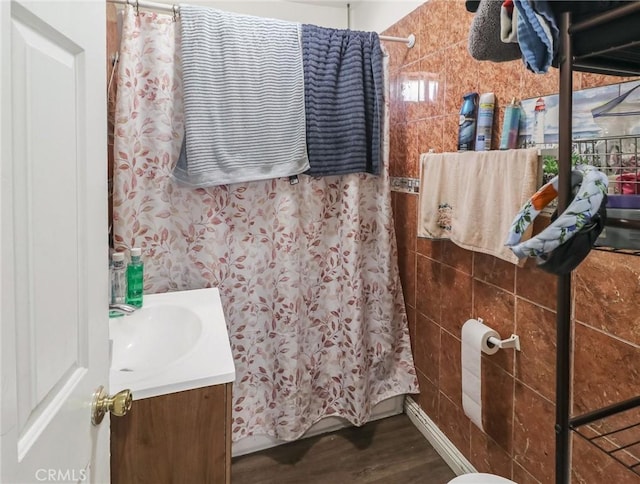 119 W 61st St, Los Angeles, CA 90003 - bathroom with vanity, wood finished floors, and a shower with shower curtain