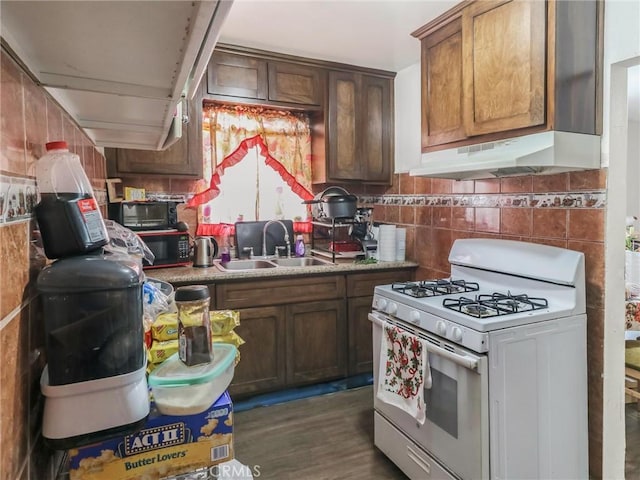119 W 61st St, Los Angeles, CA 90003 - kitchen featuring white gas range oven, a sink, under cabinet range hood, wood finished floors, and tile walls