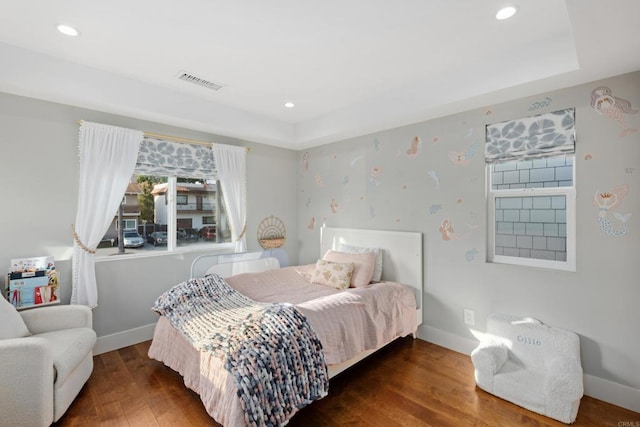 867 Wilbur Ave, San Diego, CA 92109 - bedroom featuring baseboards, a tray ceiling, wood finished floors, and recessed lighting