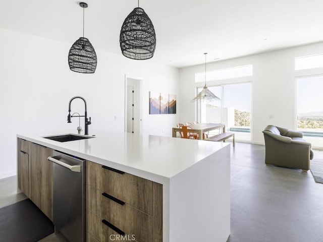 6197 Mandarin Rd, Yucca Valley, CA 92284 - kitchen with modern cabinets, a sink, concrete floors, a large island with sink, and stainless steel dishwasher