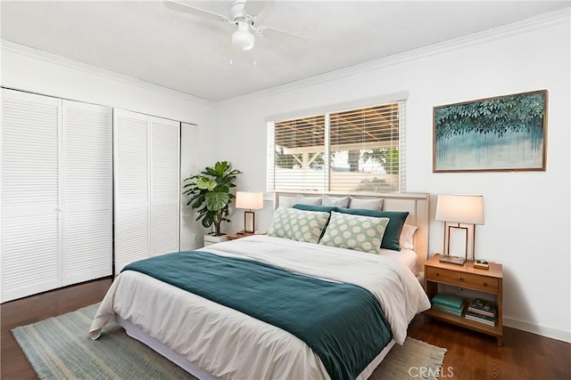 10709 Calabash Ave, Fontana, CA 92337 - bedroom with ornamental molding, a closet, wood finished floors, a ceiling fan, and baseboards