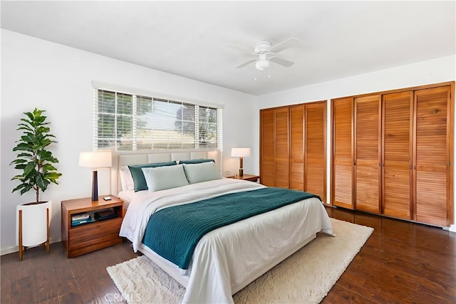 10709 Calabash Ave, Fontana, CA 92337 - bedroom featuring multiple closets, dark wood-style flooring, ceiling fan, and baseboards