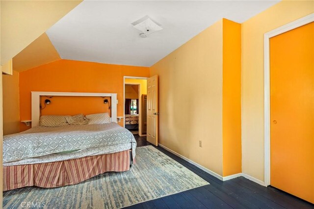 186 Hemlock Dr, Lake Arrowhead, CA 92352 - bedroom with wood-type flooring, baseboards, and vaulted ceiling