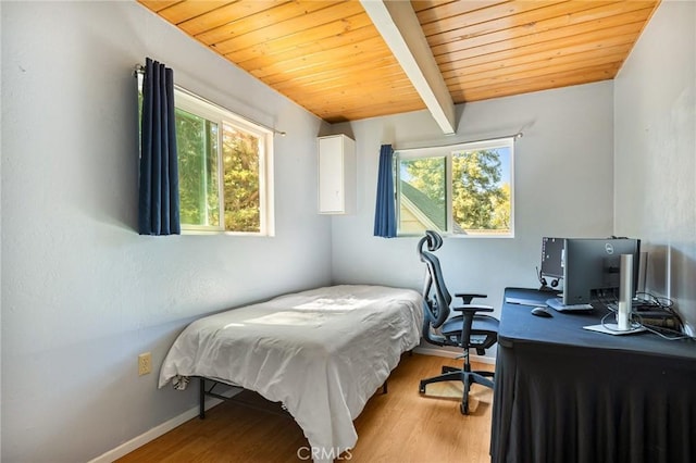 186 Hemlock Dr, Lake Arrowhead, CA 92352 - bedroom featuring wood ceiling with exposed beams, multiple windows, light wood finished floors, and baseboards