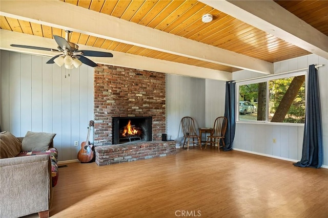 186 Hemlock Dr, Lake Arrowhead, CA 92352 - living area with wood finished floors, wooden ceiling with exposed beams, a fireplace, a ceiling fan, and baseboards
