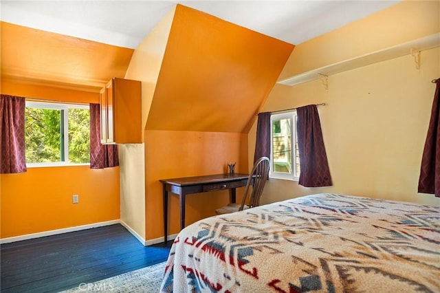 186 Hemlock Dr, Lake Arrowhead, CA 92352 - bedroom with multiple windows, vaulted ceiling, baseboards, and wood-type flooring