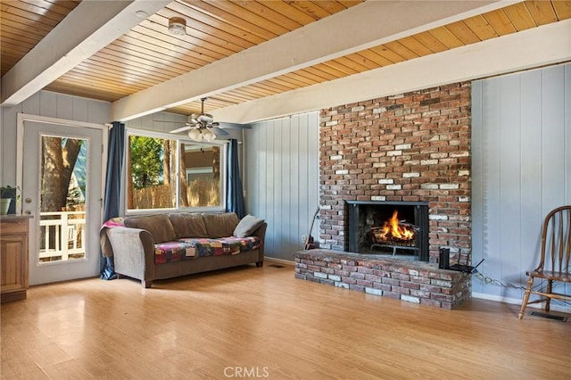 186 Hemlock Dr, Lake Arrowhead, CA 92352 - living area with wood finished floors, wooden ceiling with exposed beams, a fireplace, wooden walls, and ceiling fan