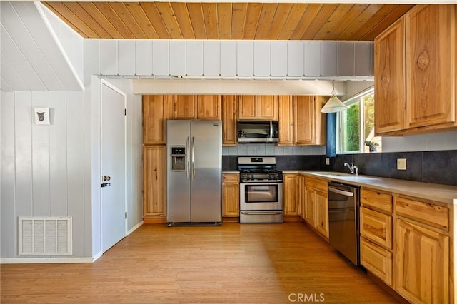 186 Hemlock Dr, Lake Arrowhead, CA 92352 - kitchen featuring stainless steel appliances, light wood-style floors, wooden ceiling, backsplash, and decorative light fixtures