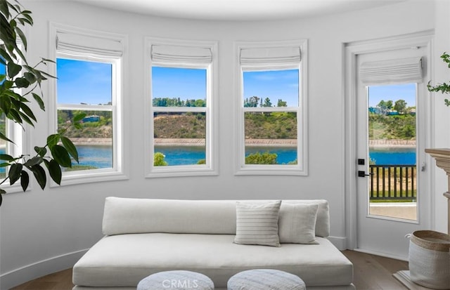 31 Harcourt, Newport Coast, CA 92657 - living area with wood finished floors, a water view, and baseboards