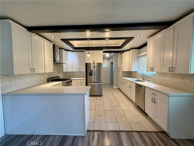 5472 3rd Ave, Los Angeles, CA 90043 - kitchen featuring appliances with stainless steel finishes, a raised ceiling, wall chimney exhaust hood, light wood-style floors, and decorative backsplash