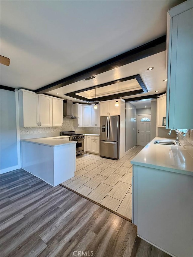 5472 3rd Ave, Los Angeles, CA 90043 - kitchen featuring stainless steel appliances, a sink, a raised ceiling, light wood-style flooring, and wall chimney range hood