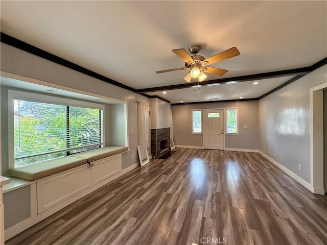5472 3rd Ave, Los Angeles, CA 90043 - unfurnished living room with a fireplace, wood finished floors, baseboards, a ceiling fan, and ornamental molding