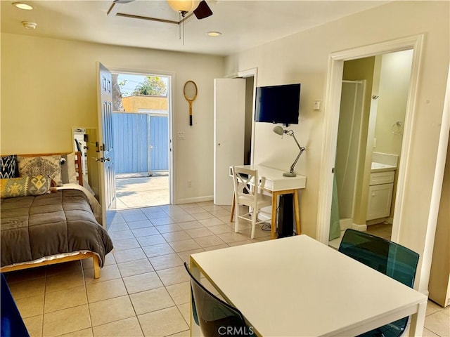 5472 3rd Ave, Los Angeles, CA 90043 - bedroom featuring access to exterior, light tile patterned floors, recessed lighting, connected bathroom, and ceiling fan