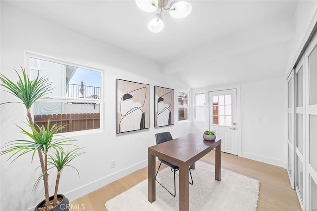 34021 La Serena Dr, Dana Point, CA 92629 - office area featuring light wood-style floors, lofted ceiling, and baseboards