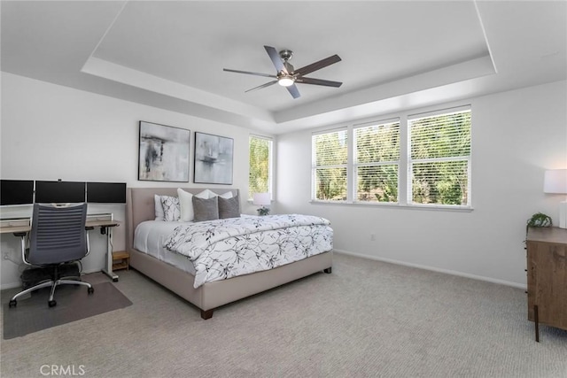 25815 Forsythe Way, Stevenson Ranch, CA 91381 - bedroom featuring a raised ceiling, carpet floors, baseboards, a desk, and a ceiling fan