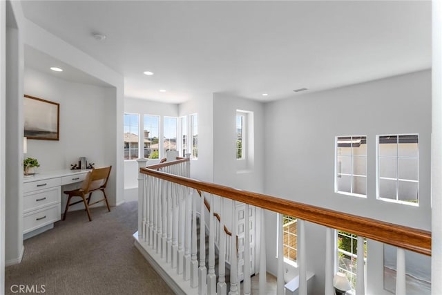25815 Forsythe Way, Stevenson Ranch, CA 91381 - hallway with a desk, recessed lighting, an upstairs landing, and carpet flooring