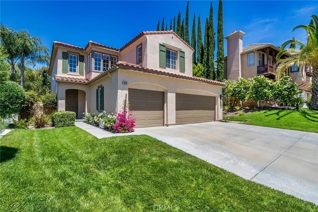 25815 Forsythe Way, Stevenson Ranch, CA 91381 - mediterranean / spanish-style house with an attached garage, stucco siding, concrete driveway, a tile roof, and a front lawn