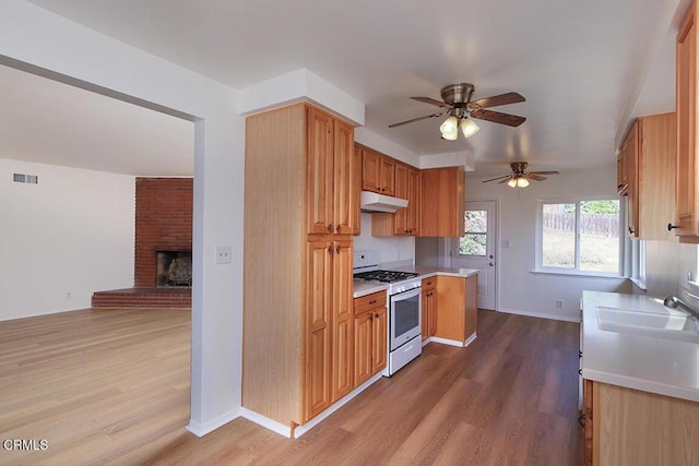 5020 Carolyn Way, Glendale, CA 91214 - kitchen featuring white range with gas stovetop, under cabinet range hood, a ceiling fan, wood finished floors, and a sink