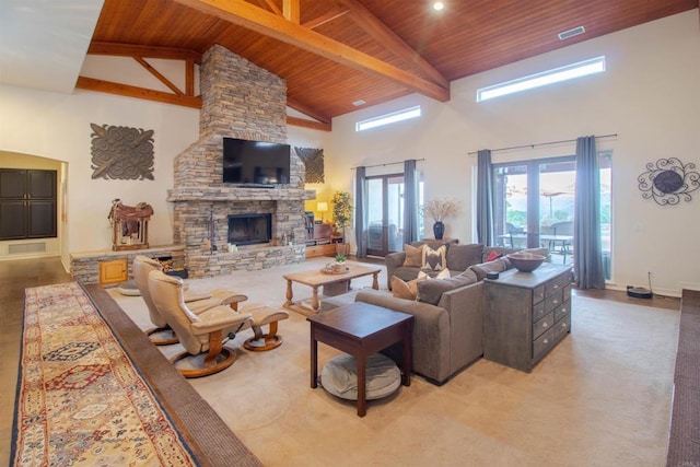 11606 Mesa Verde Dr, Valley Center, CA 92082 - living room featuring wooden ceiling with exposed beams, high vaulted ceiling, a fireplace, and baseboards