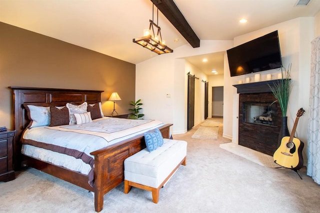 11606 Mesa Verde Dr, Valley Center, CA 92082 - bedroom featuring light colored carpet, recessed lighting, a barn door, a fireplace, and baseboards