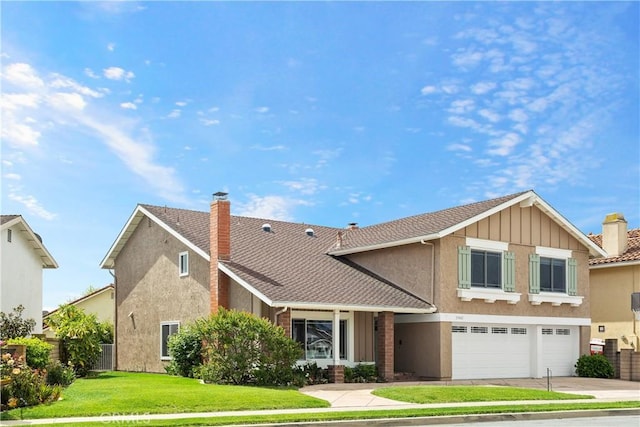 29162 Bobolink Dr, Laguna Niguel, CA 92677 - view of front of house featuring a garage, a chimney, board and batten siding, driveway, and stucco siding
