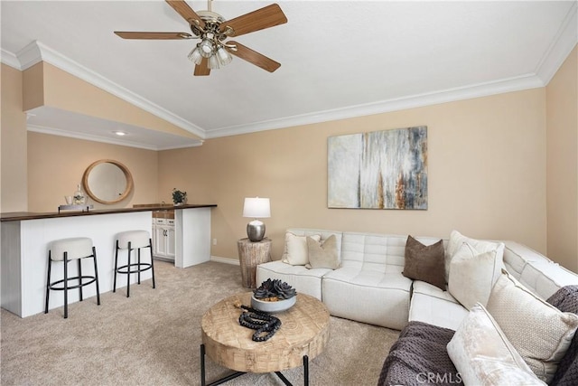 29162 Bobolink Dr, Laguna Niguel, CA 92677 - living room with vaulted ceiling, light carpet, crown molding, ceiling fan, and baseboards