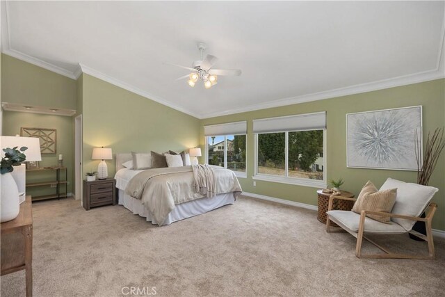 29162 Bobolink Dr, Laguna Niguel, CA 92677 - bedroom with carpet flooring, crown molding, lofted ceiling, baseboards, and ceiling fan