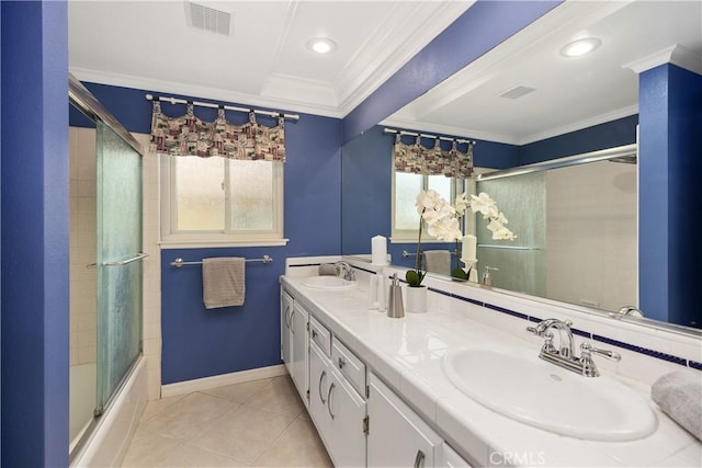 29162 Bobolink Dr, Laguna Niguel, CA 92677 - bathroom featuring ornamental molding, double vanity, tile patterned floors, combined bath / shower with glass door, and recessed lighting