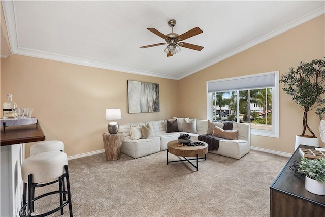 29162 Bobolink Dr, Laguna Niguel, CA 92677 - living area with lofted ceiling, a ceiling fan, light carpet, crown molding, and baseboards