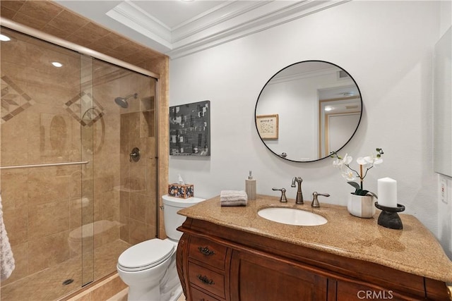 29162 Bobolink Dr, Laguna Niguel, CA 92677 - full bathroom with ornamental molding, toilet, vanity, and a stall shower