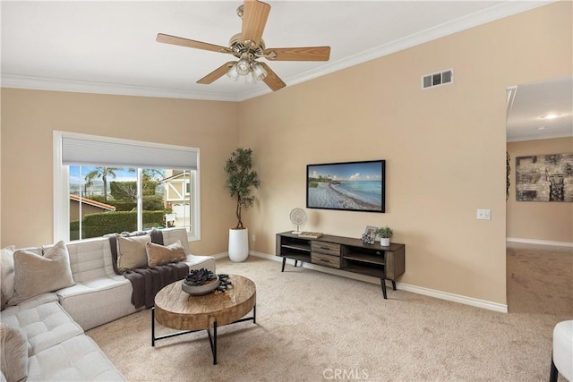 29162 Bobolink Dr, Laguna Niguel, CA 92677 - carpeted living room featuring crown molding, ceiling fan, and baseboards