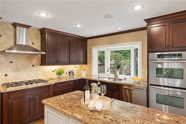29162 Bobolink Dr, Laguna Niguel, CA 92677 - kitchen featuring wall chimney exhaust hood, a sink, appliances with stainless steel finishes, light stone countertops, and tasteful backsplash
