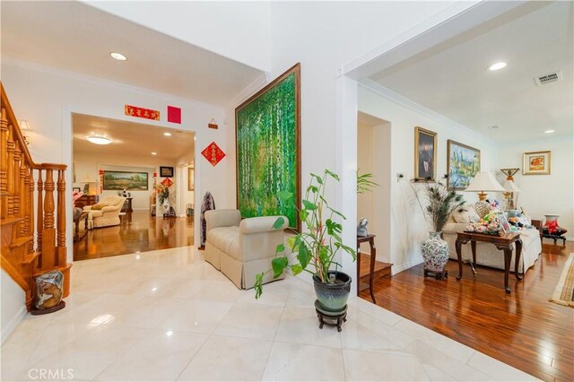 1855 Turnbull Canyon Rd, Hacienda Heights, CA 91745 - living room featuring stairs, tile patterned flooring, ornamental molding, recessed lighting, and baseboards
