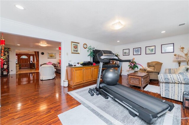 1855 Turnbull Canyon Rd, Hacienda Heights, CA 91745 - workout room featuring wood finished floors, ornamental molding, and recessed lighting