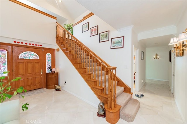 1855 Turnbull Canyon Rd, Hacienda Heights, CA 91745 - entrance foyer with stairs, baseboards, and ornamental molding