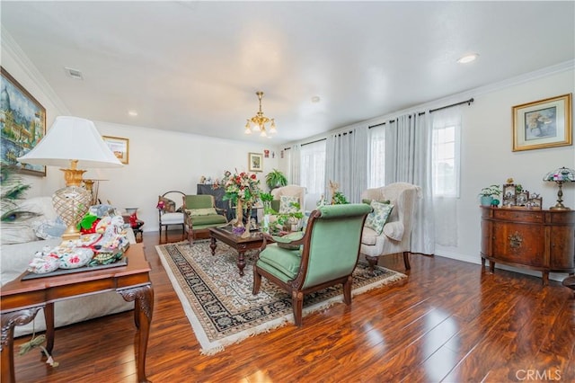 1855 Turnbull Canyon Rd, Hacienda Heights, CA 91745 - living area featuring ornamental molding, a chandelier, wood-type flooring, baseboards, and recessed lighting