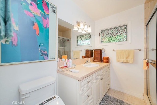 1855 Turnbull Canyon Rd, Hacienda Heights, CA 91745 - full bathroom with vanity, toilet, a shower with door, tile patterned flooring, and baseboards