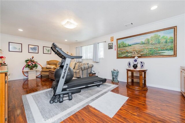 1855 Turnbull Canyon Rd, Hacienda Heights, CA 91745 - workout room with ornamental molding, wood finished floors, baseboards, and recessed lighting