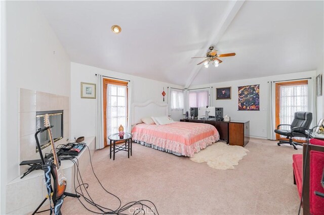 1855 Turnbull Canyon Rd, Hacienda Heights, CA 91745 - bedroom with light colored carpet, lofted ceiling, multiple windows, a fireplace, and ceiling fan