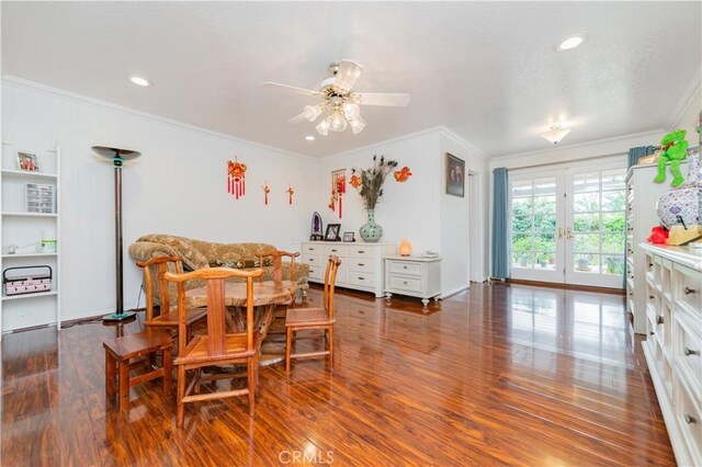 1855 Turnbull Canyon Rd, Hacienda Heights, CA 91745 - dining space featuring ornamental molding, french doors, wood finished floors, a ceiling fan, and recessed lighting