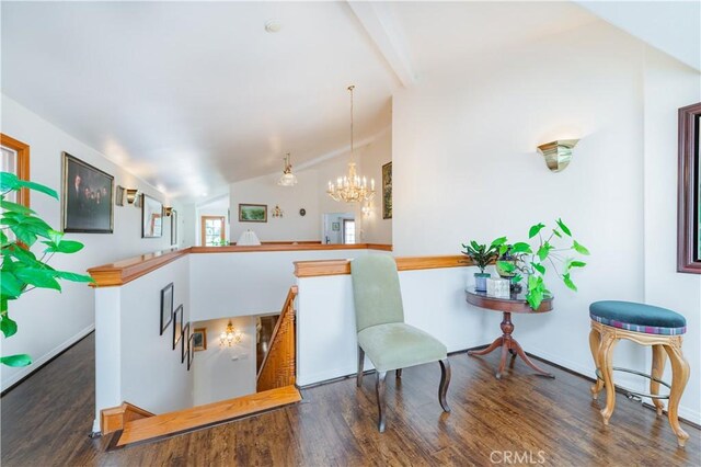 1855 Turnbull Canyon Rd, Hacienda Heights, CA 91745 - living area featuring an upstairs landing, wood finished floors, a chandelier, and baseboards