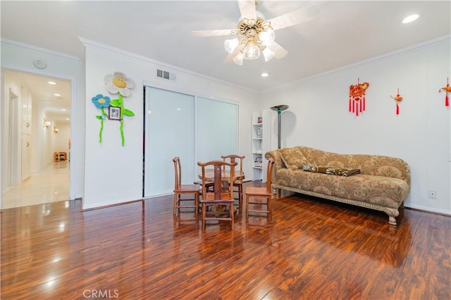 1855 Turnbull Canyon Rd, Hacienda Heights, CA 91745 - dining space featuring wood finished floors, ceiling fan, ornamental molding, and recessed lighting