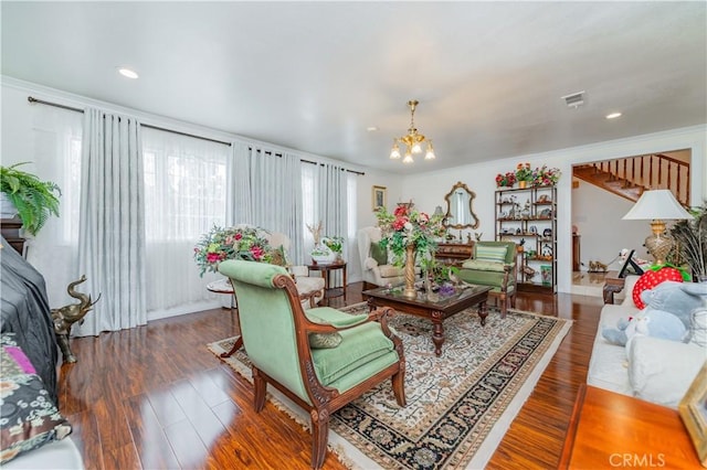 1855 Turnbull Canyon Rd, Hacienda Heights, CA 91745 - living room with a chandelier, wood finished floors, ornamental molding, and recessed lighting