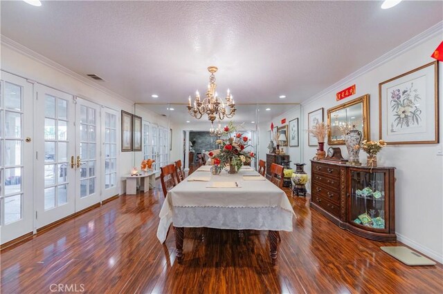 1855 Turnbull Canyon Rd, Hacienda Heights, CA 91745 - dining space featuring wood finished floors, a chandelier, french doors, crown molding, and a textured ceiling