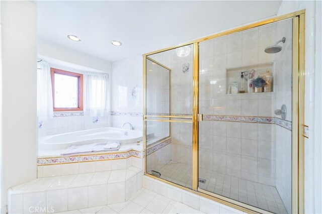1855 Turnbull Canyon Rd, Hacienda Heights, CA 91745 - bathroom featuring a garden tub, a stall shower, tile patterned floors, and recessed lighting