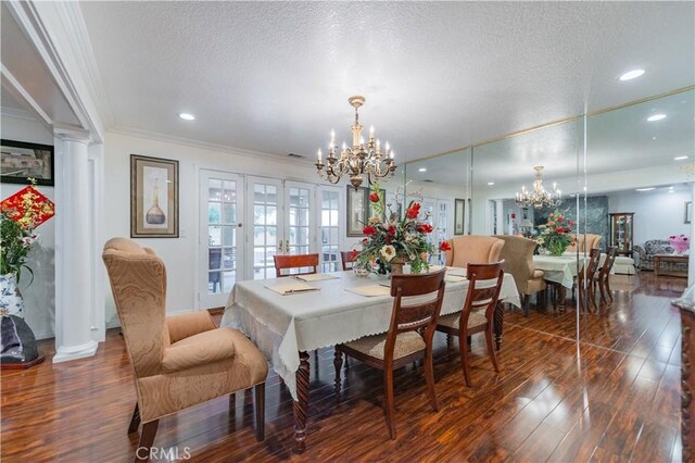 1855 Turnbull Canyon Rd, Hacienda Heights, CA 91745 - dining area featuring a chandelier, hardwood / wood-style floors, ornamental molding, recessed lighting, and a textured ceiling