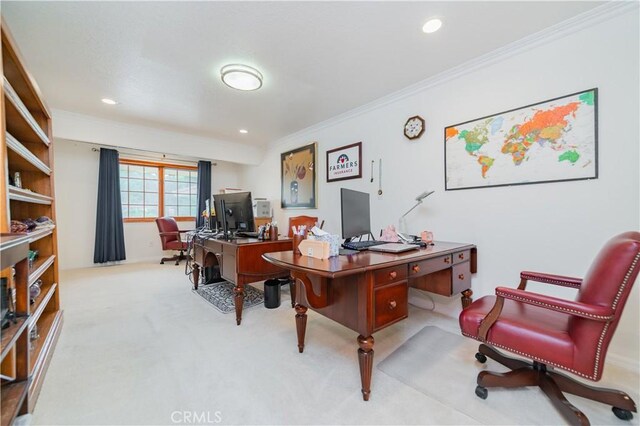 1855 Turnbull Canyon Rd, Hacienda Heights, CA 91745 - home office featuring carpet, ornamental molding, and recessed lighting